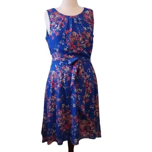 JH Blue Floral Pattern Sleeveless High Pleated Neck Dress Size 14 - Picture 1 of 10